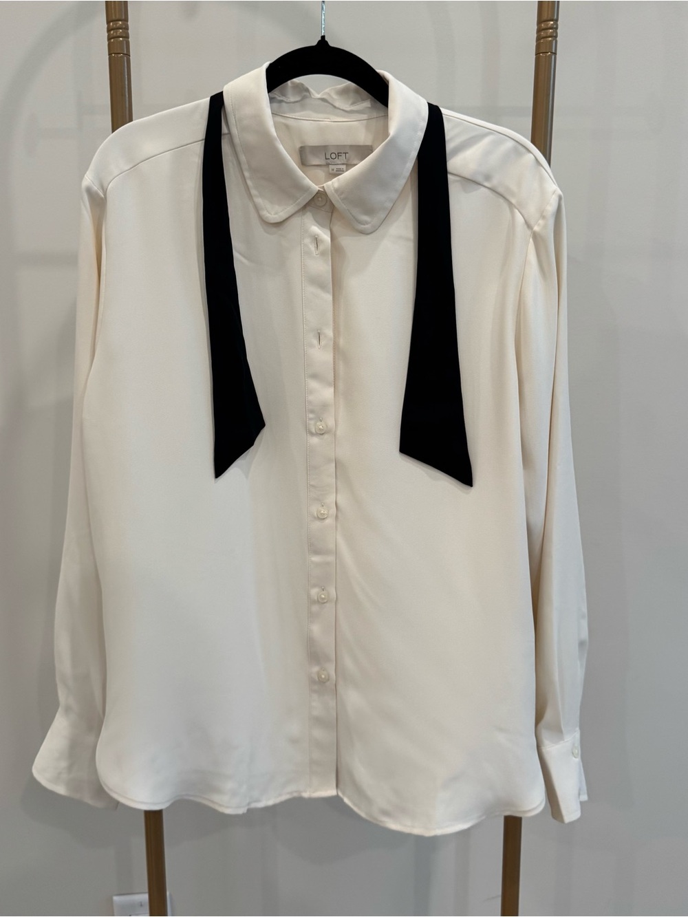 LOFT Cream Button-Front Blouse with Black Tie Neck